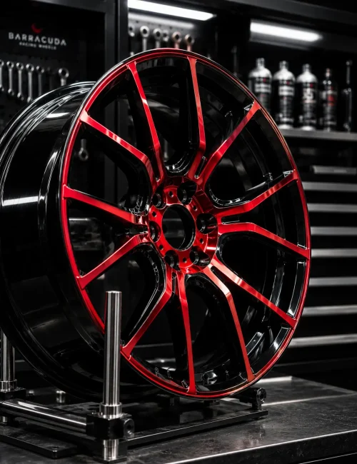 Rot schwarze Bicolor Alufelge mit glänzendem Finish in moderner Werkstatt