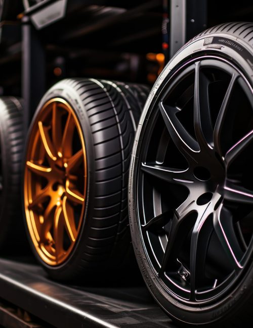 Car tires showcased inside an automobile workshop.