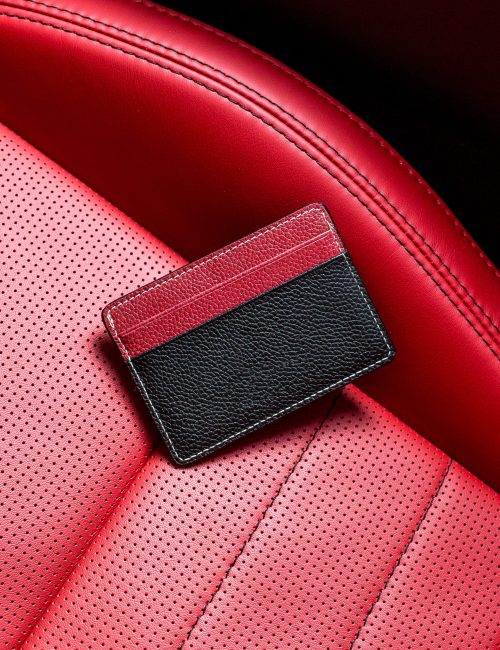 top view of leather card holder isolated on pink background